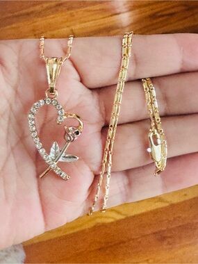 14K Gold Plated Heart & Rose Pendant Necklace with Crystal Accents. New
